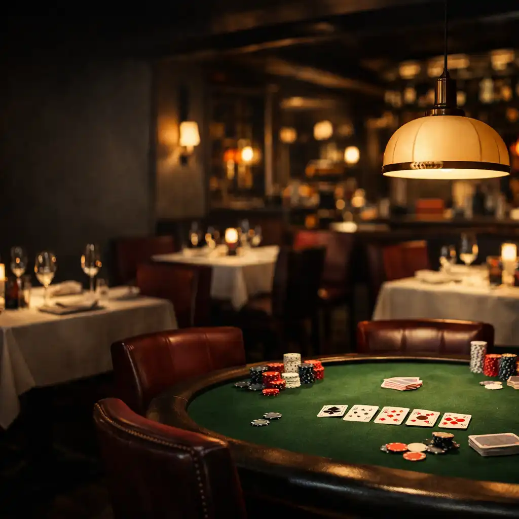 Elegancka kolacja obok stołu pokerowego w miejskim wnętrzu