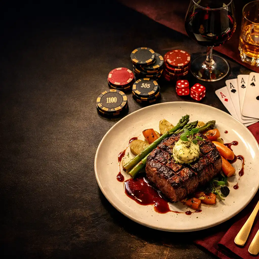 Elegancko nakryty stół z daniem głównym oraz kartami do pokera i żetonami w ciemnej, nastrojowej restauracji