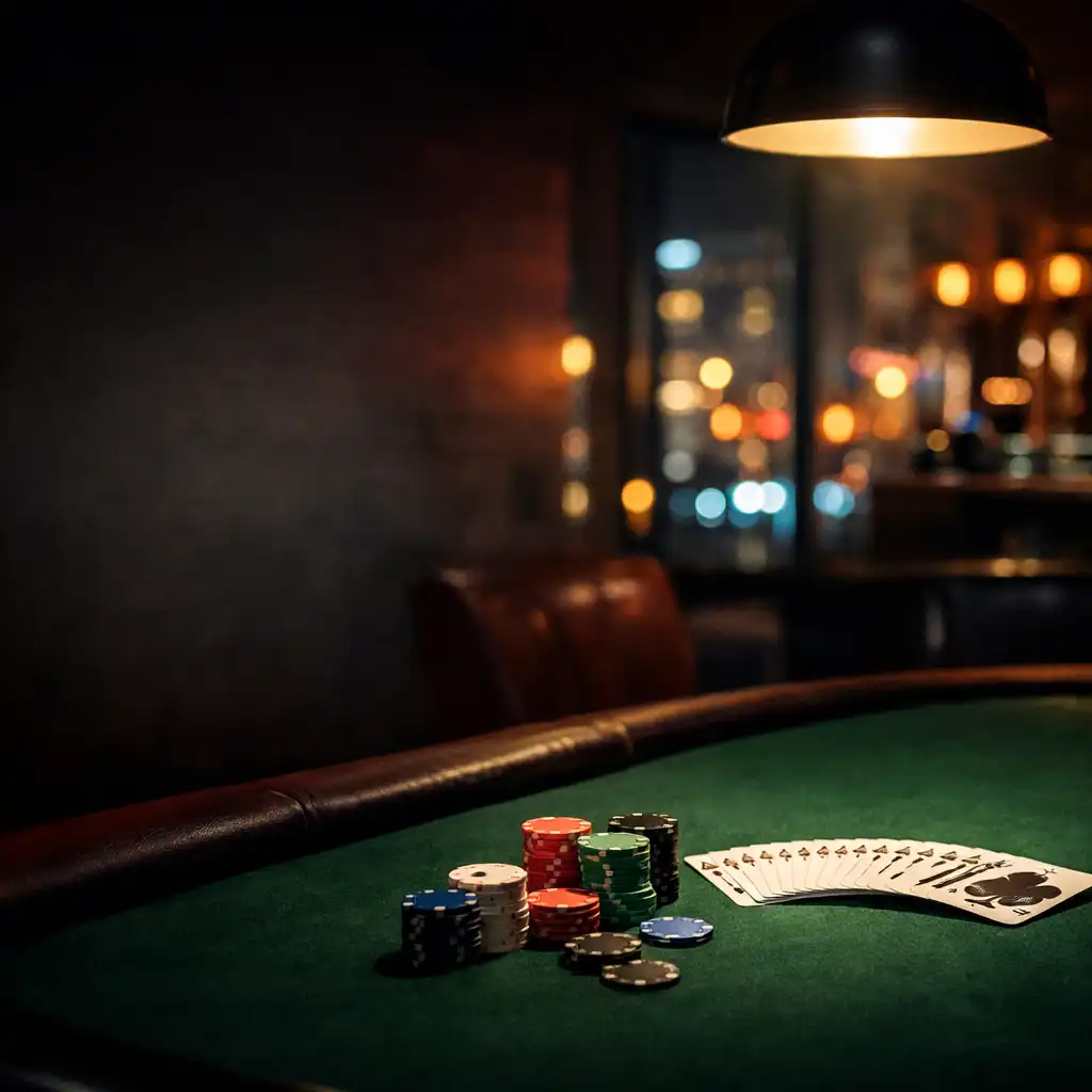 Stół pokerowy z kartami i żetonami w nastrojowym card roomie Stół i Miasto