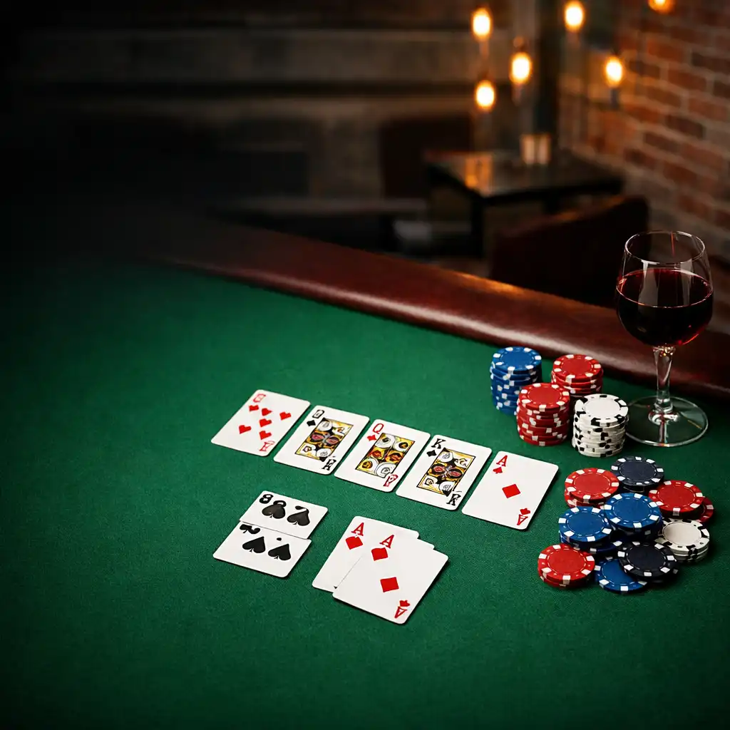 Stół pokerowy z kartami i żetonami w ciemnym, miejskim wnętrzu restauracji