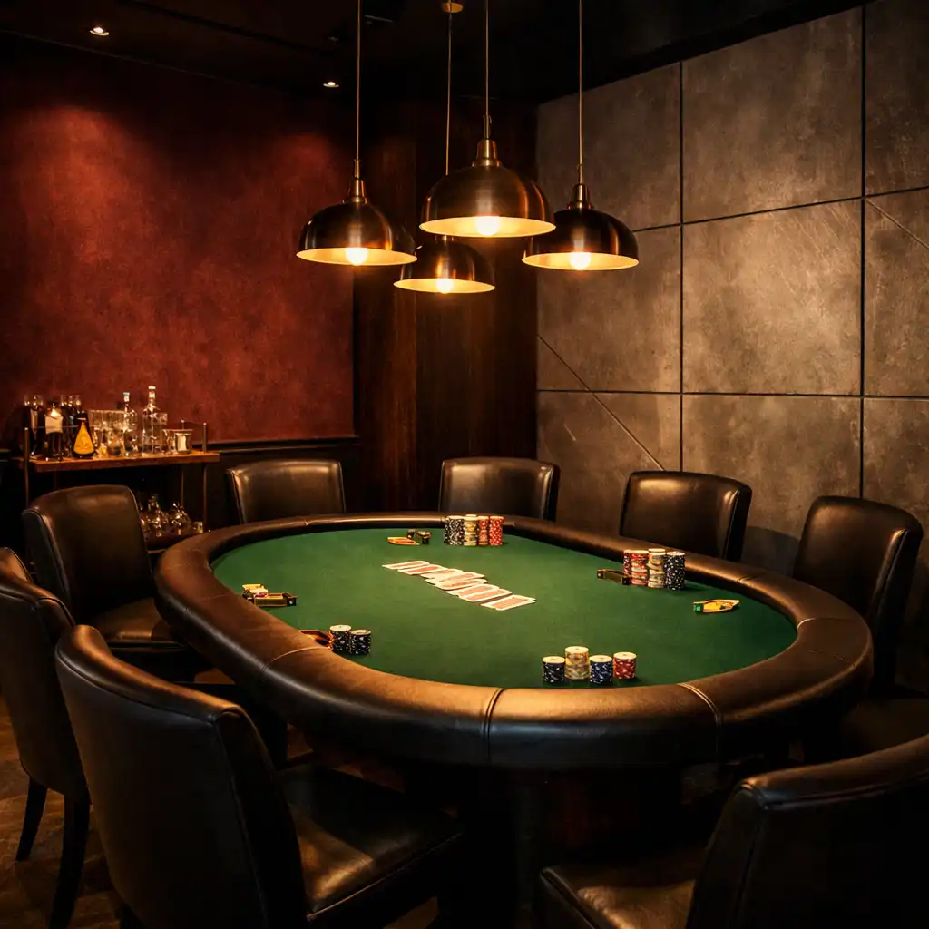 Wnętrze card roomu Stół i Miasto z profesjonalnym stołem pokerowym i nastrojowym oświetleniem
