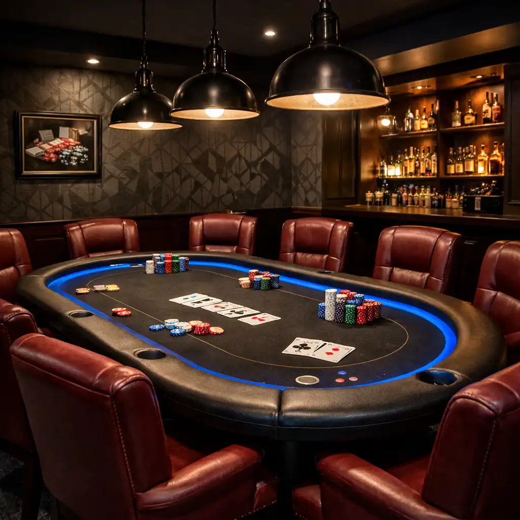 Wnętrze Poker Room w restauracji Stół i Miasto z rzędem stołów pokerowych i barem w tle