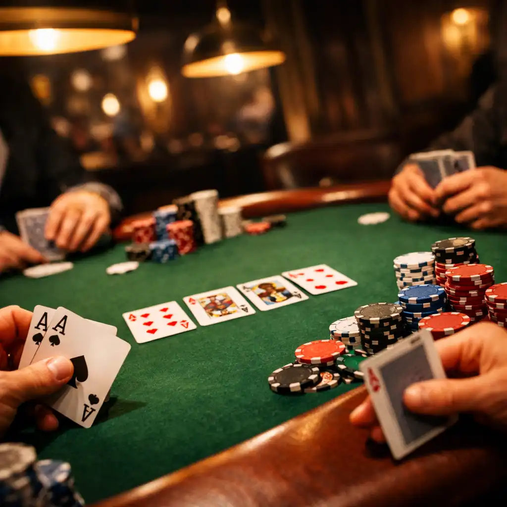 Zbliżenie na fizyczny stół pokerowy z kartami, żetonami i rękami graczy