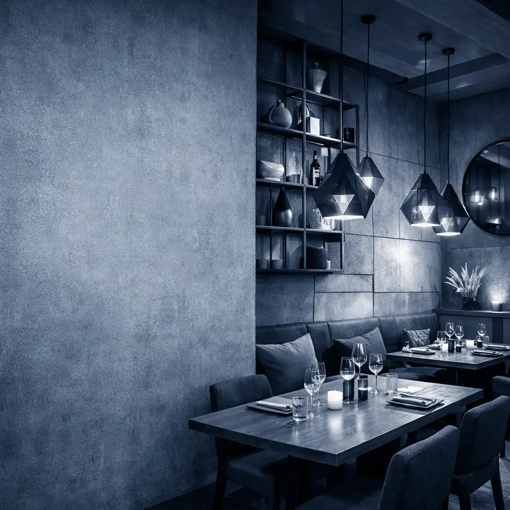Wnętrze restauracji Stół i Miasto z betonowymi ścianami, drewnianymi stołami i niebieskimi akcentami