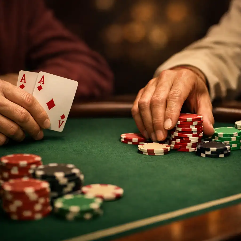 Zbliżenie na dłonie graczy przy stole pokerowym, trzymających karty i przesuwających żetony